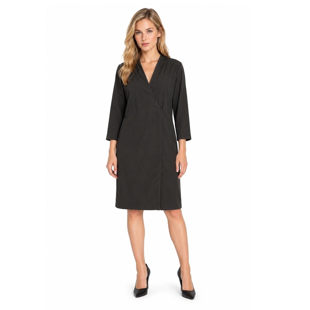 St. John Couture Midi Shift Dress Women's Size 16 Gray Long Sleeve Faux Wrap